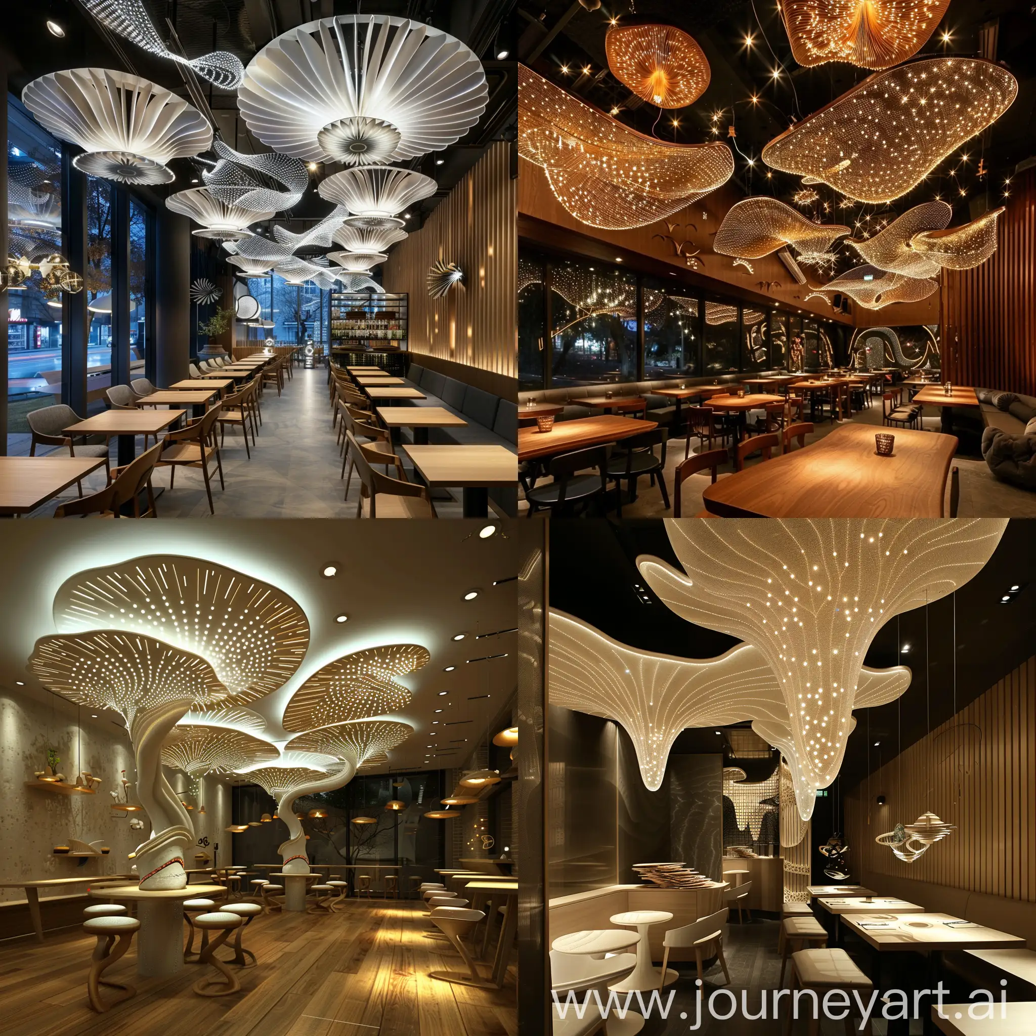 neo-cosmic style restaurant interior, mushroom lamella inspired lights in the celling, kinetic sculpture celling lights 