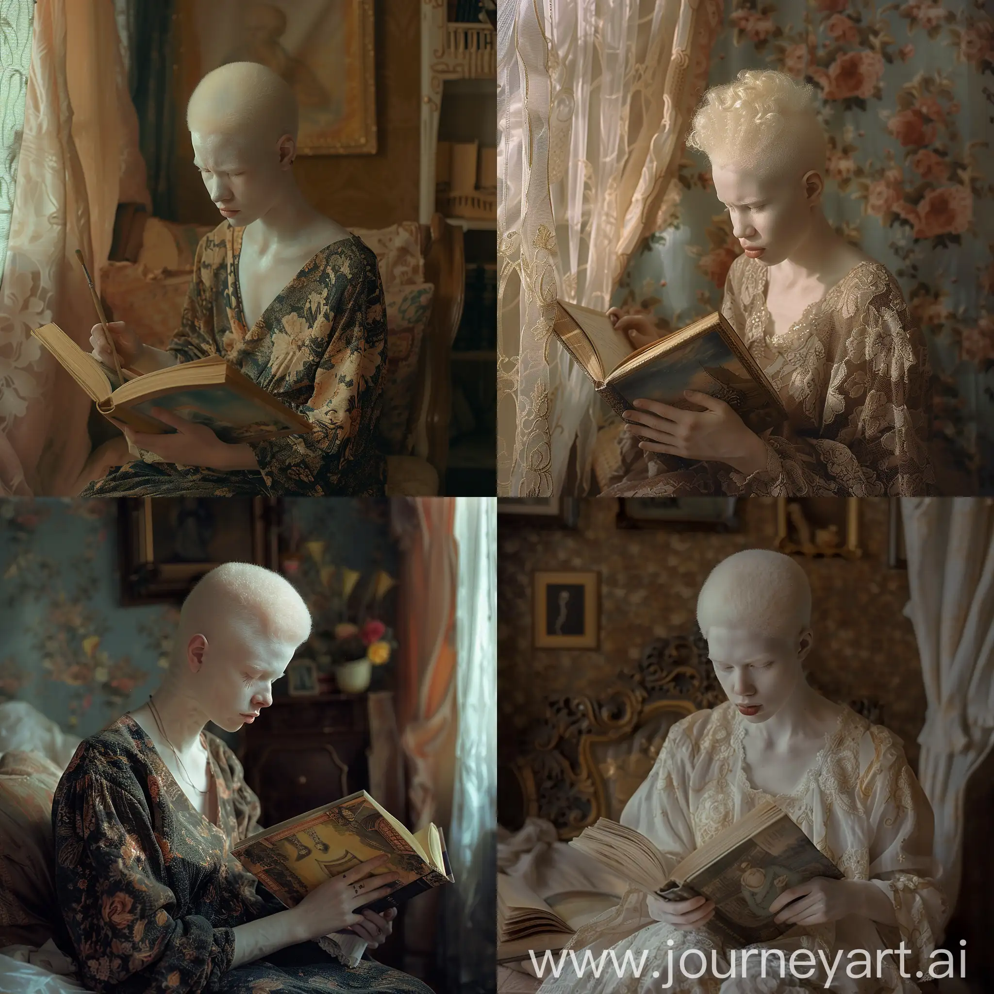 18-year-old albino woman, in a photographic shot of a romantic scene, sitting, reading a book and painting, in a sleepy room full of total silence, illuminated with warm light, with a look of faith, remembering who she was in the most difficult moments. difficult.