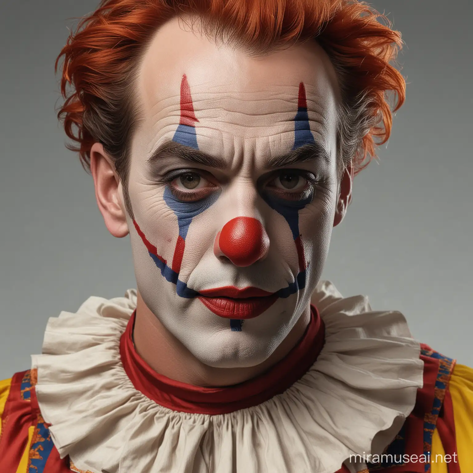 Louis Morisette putting on clown makeup, use hyperrealism, use solid color background, full face, no cropping