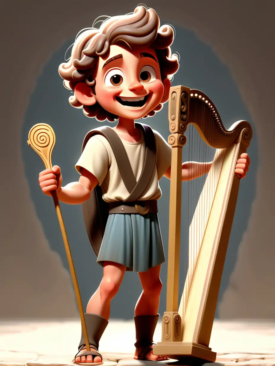 Young biblical character David, happy face, full body, no cuts, holding a little harp in the right  hand.