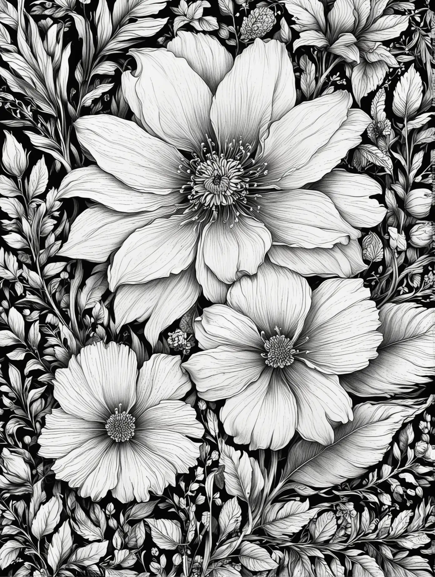 floral line art, black and white, full page