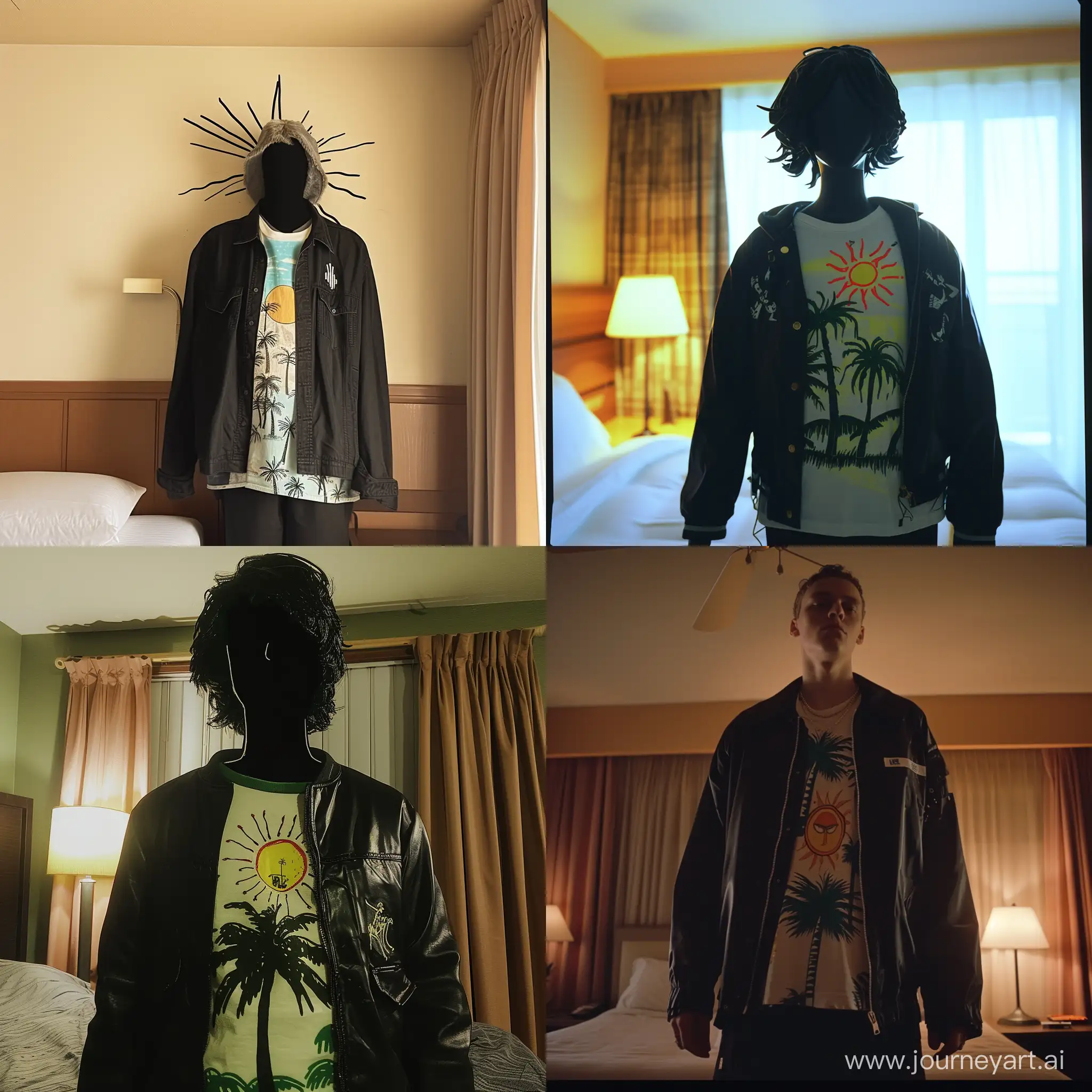 Person-in-Black-Jacket-with-Palm-Tree-Shirt-in-Modest-Hotel-Room