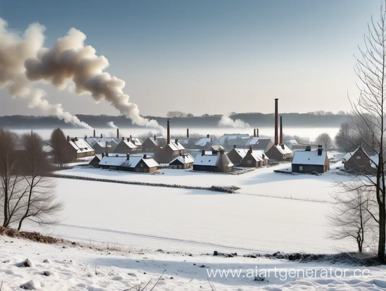 пейзаж зимы с расчищенным пространство посередине, древья и деревня в даеке, дым из труб