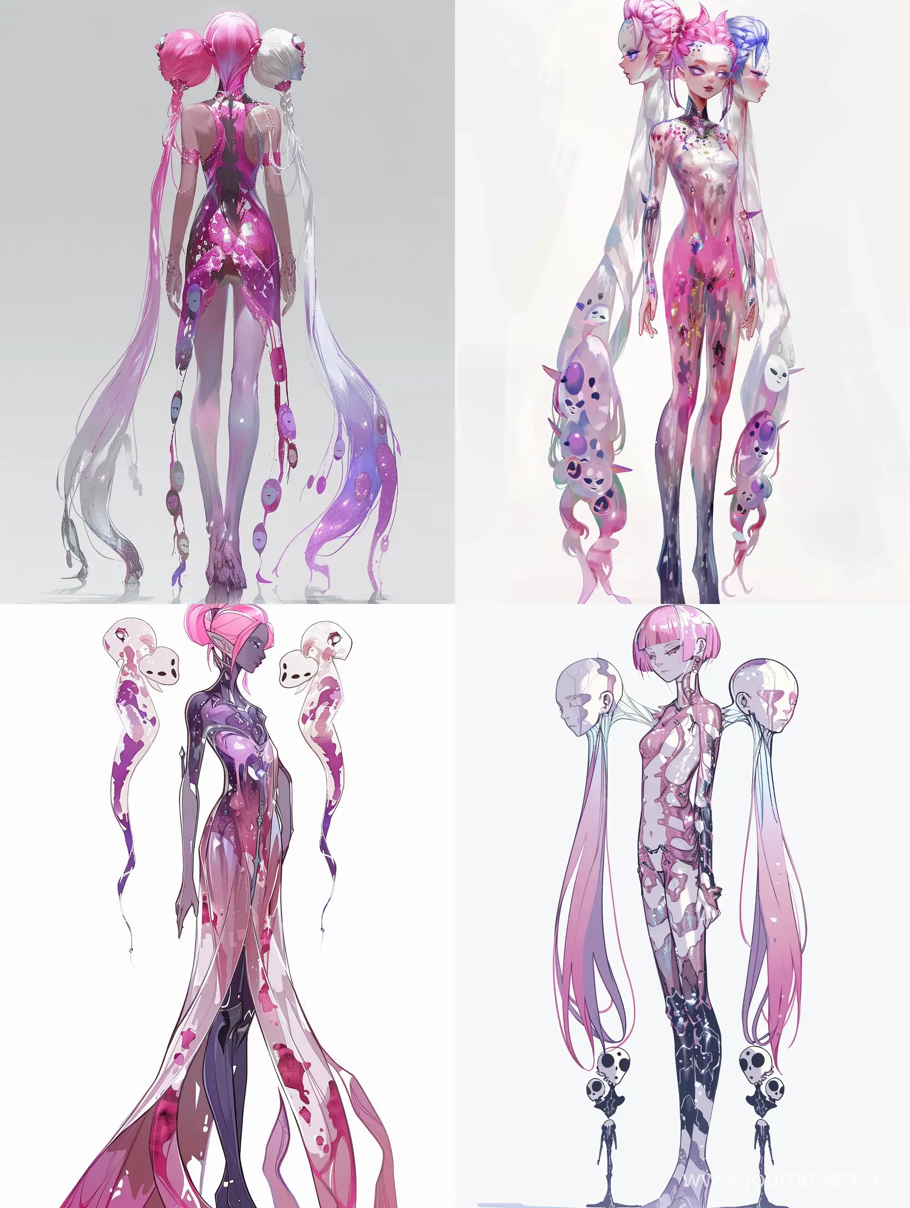 Made in a good-looking creative art style, semi-realism, or anime. With fantasy motifs.

Create an OC with : pink, purple, white color pallet. She has one body, but three twin heads sharing one neck, like Siamese twins, tall, wears a semi-transparent shiny dress with many prints in the shape of spirits-like faces at the end. One head has pink hair, the second head has white hair, the third head has purple hair.
