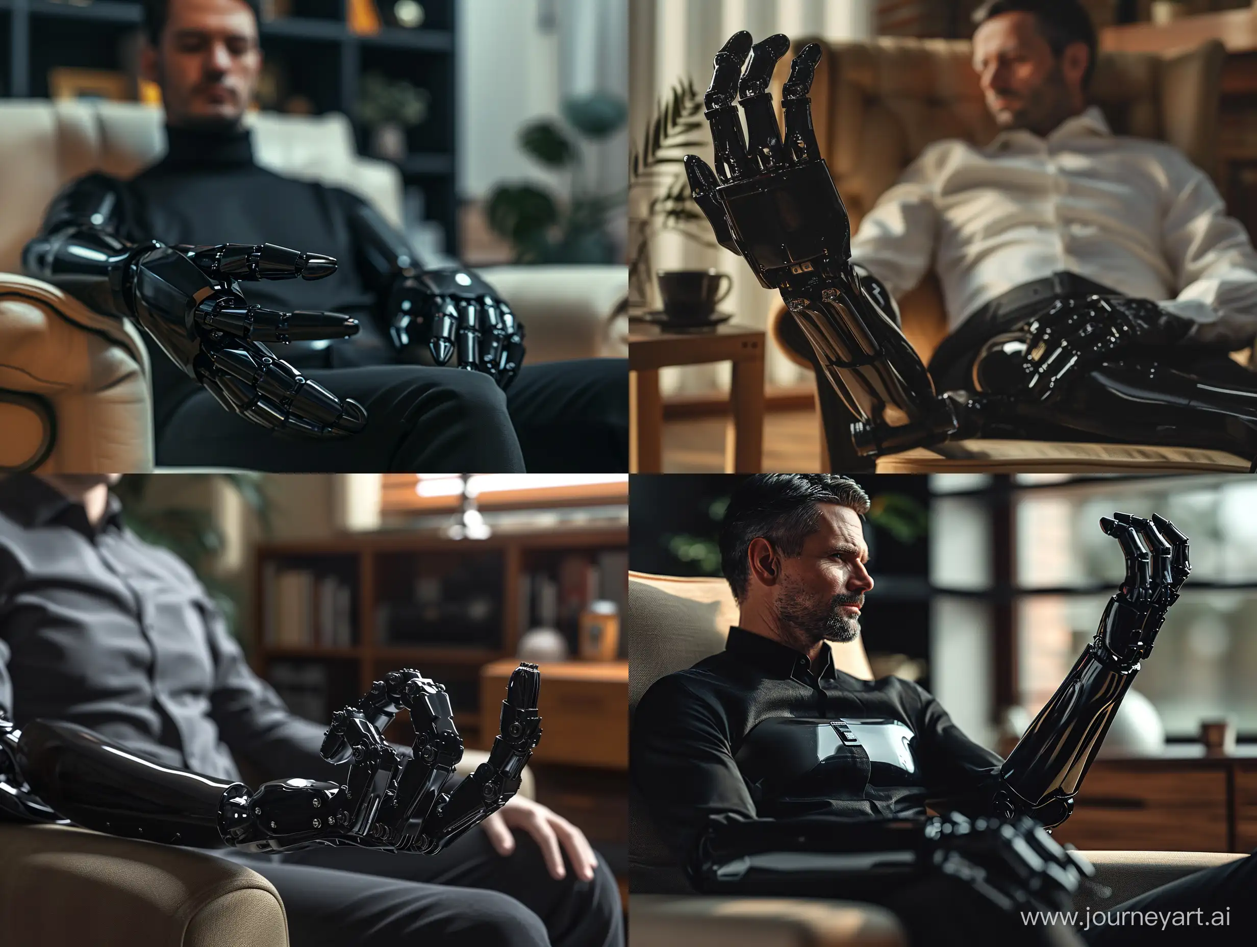 ultrarealistic and photorealistic, man sitting in an armchair showing his new shiny black mechanical hand, modern style, ultrarealistic photography, high technology, digital, neural network, masterpiece, 32k UHD resolution, high quality, professional photography,