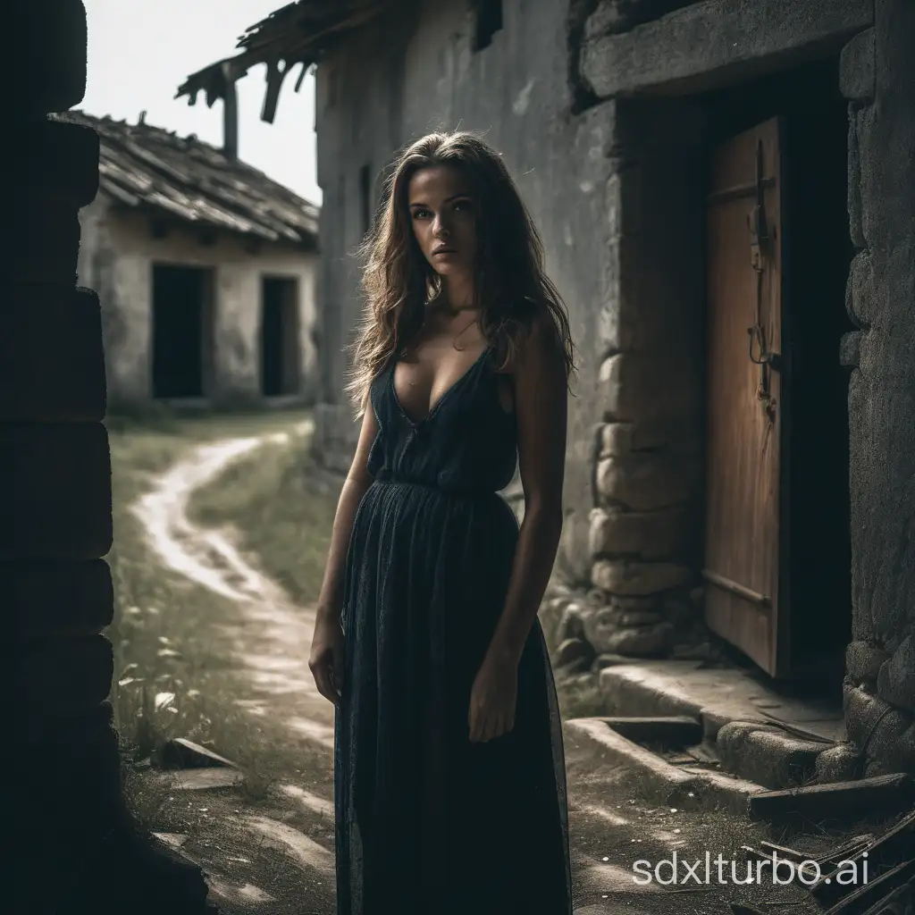 beautiful woman in a dark and abandoned village