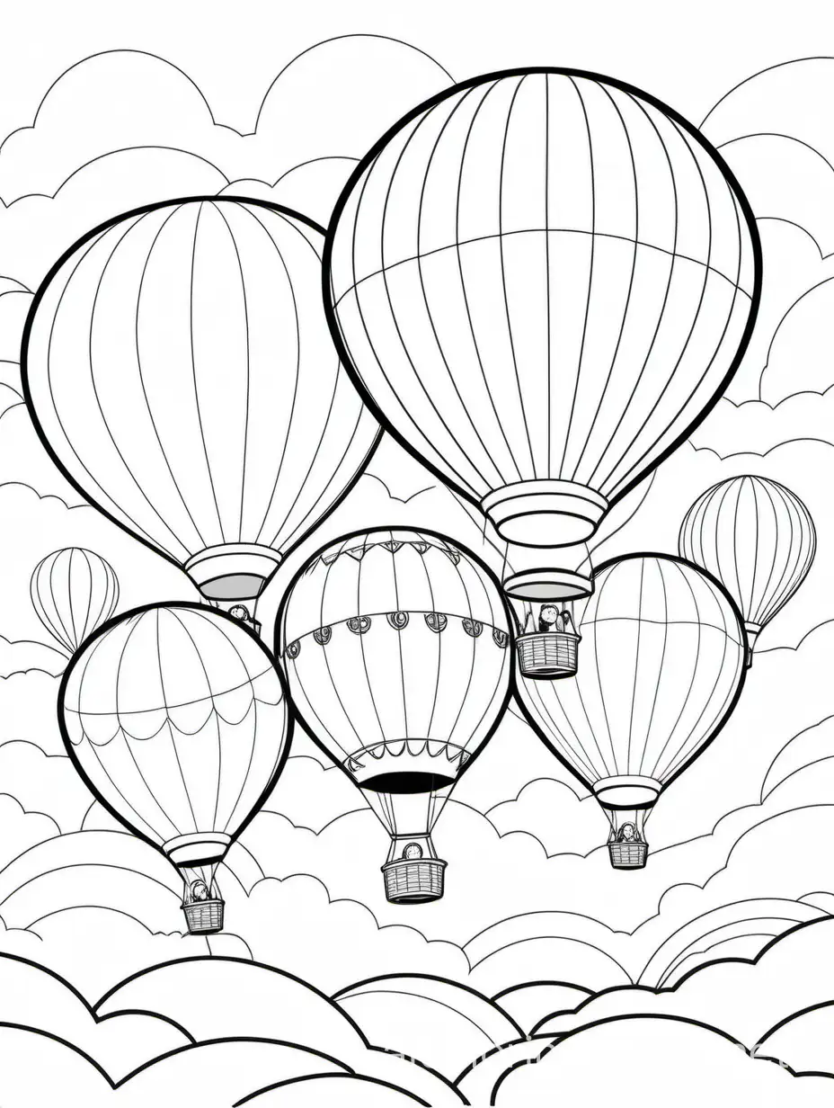 Hot air balloons, Coloring Page, black and white, line art, white background, Simplicity, Ample White Space. The background of the coloring page is plain white to make it easy for young children to color within the lines. The outlines of all the subjects are easy to distinguish, making it simple for kids to color without too much difficulty