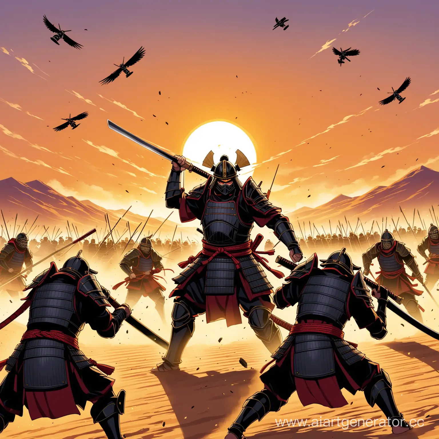 Сегун с работизированой конечностью  сражается с шиноби на фоне противостояния легионеров и самураев в пустыне на закате с осадными орудиями и градом дротиков, протыкающих насквозь бойцов

