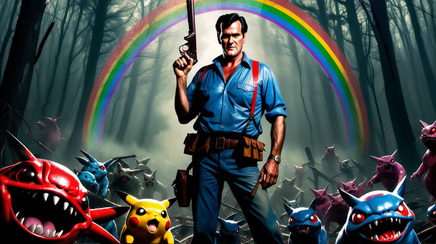 Bruce Campbell as Ash Williams if he was a realistic pokemon trainer in the style of Frank Frazetta. He is wearing the clothes of Ash Ketchum and is holding a double barrel shotgun and has a strap of pokeballs across his chest. Dead grotesque monsters that resemble realistic pokemon are strewn about the forest around him.  There is a rainbow forming in the clearing storm overhead. Setting is the Cabin from Evil Dead
