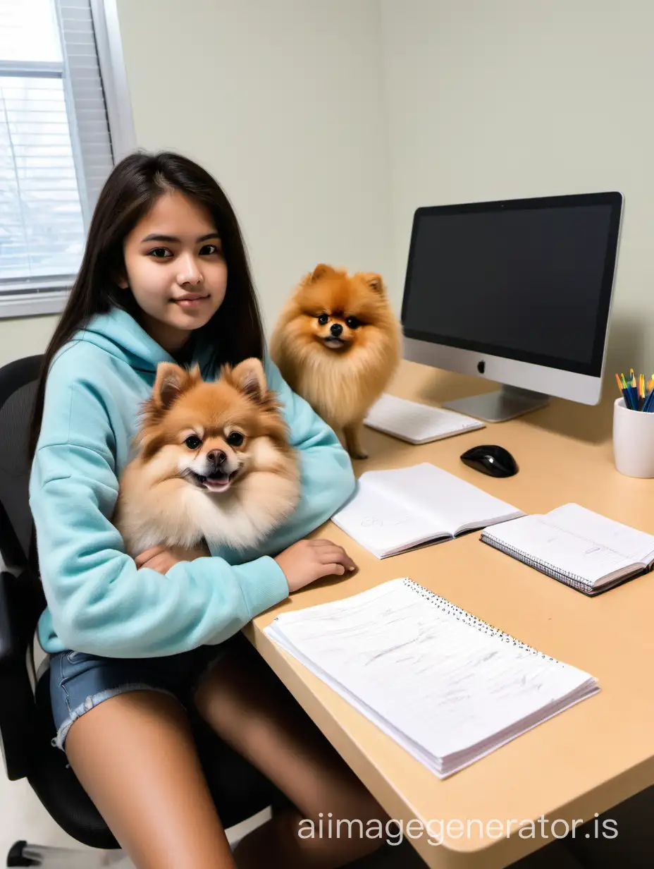 Teenage girl at her desk, preparing for college exams, while her Pomeranian keeps her company, resting next to her