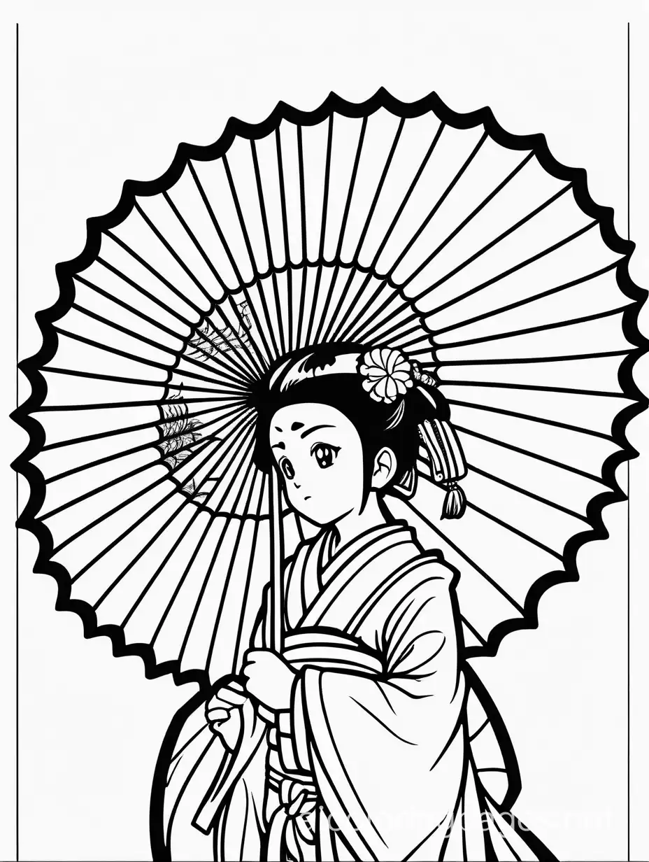 Anime Japanese fan, Coloring Page, black and white, line art, white background, Simplicity, Ample White Space. The background of the coloring page is plain white to make it easy for young children to color within the lines. The outlines of all the subjects are easy to distinguish, making it simple for kids to color without too much difficulty
