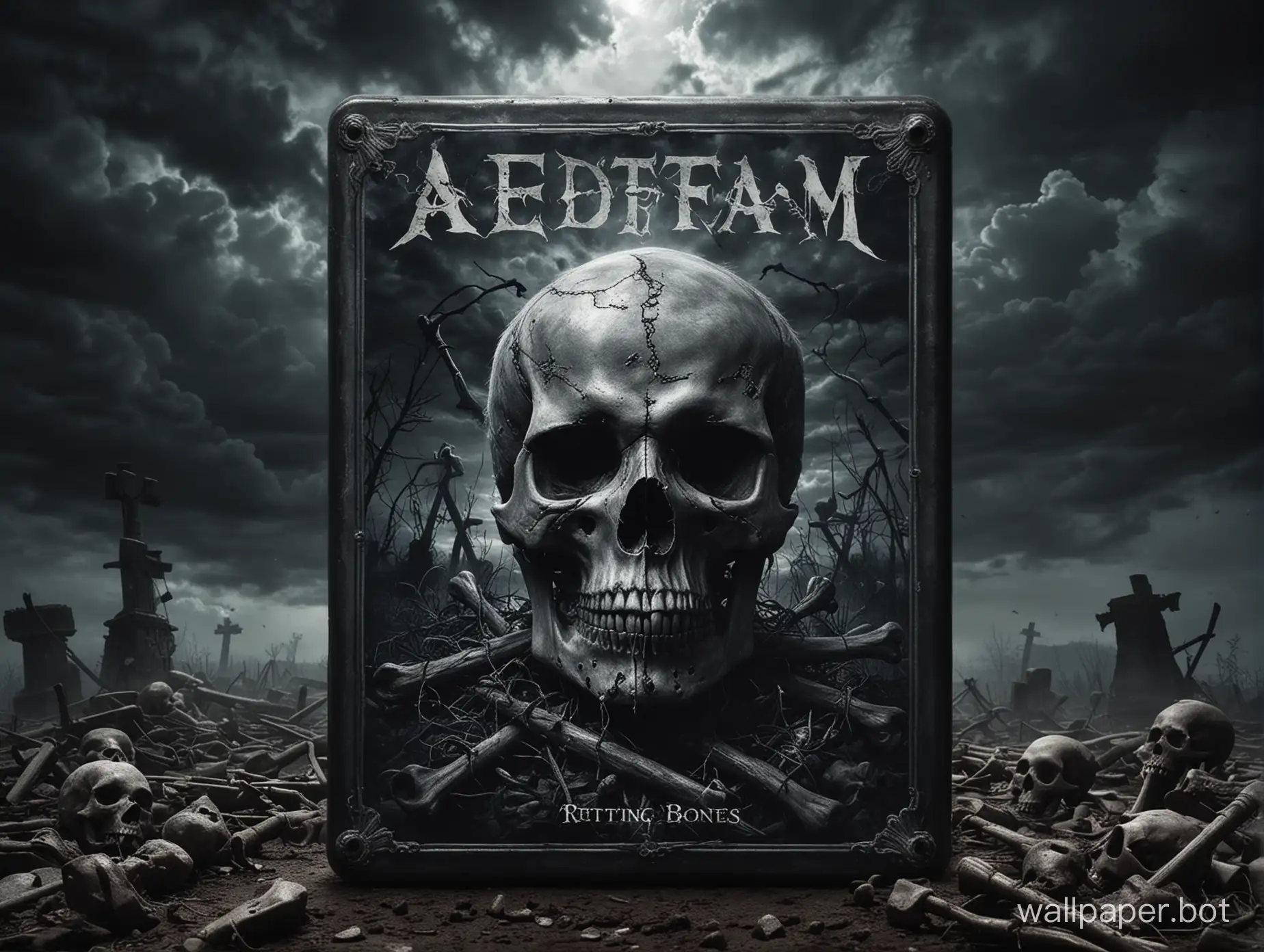 a deatm metal cover , rotting souls , skull and bones , dark sky ,  dramatic light