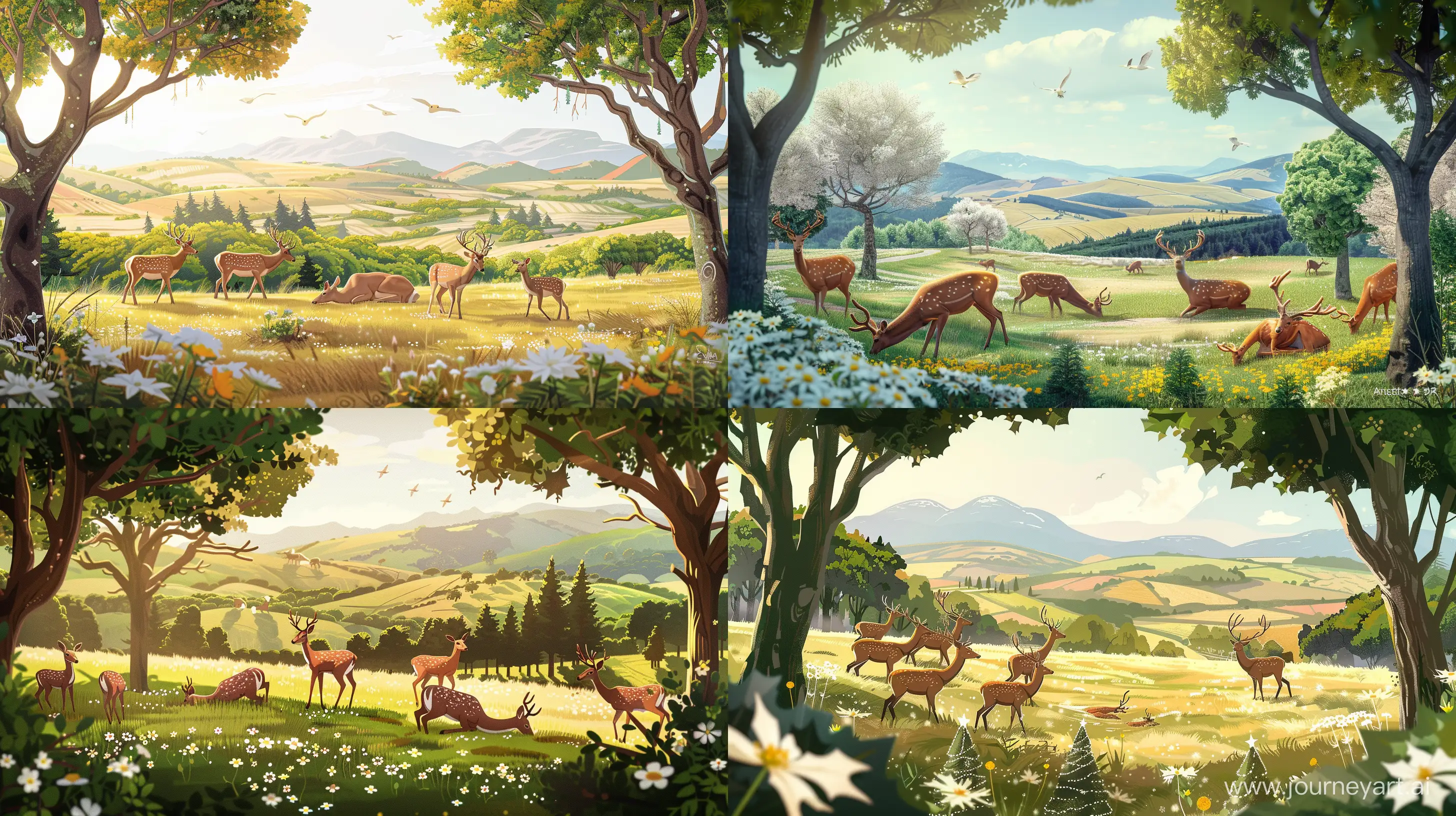 2D illustration depicting a beautiful field where 6 deer graze, deer in different poses, hills and mountains can be seen in the distance, there are several trees (Christmas trees) in the foreground, an aura of beauty of animals and nature, a clearing of sun protection, white and yellow flowers grow,  deer resting, calm, 2D illustration, artstation style --ar 16:9