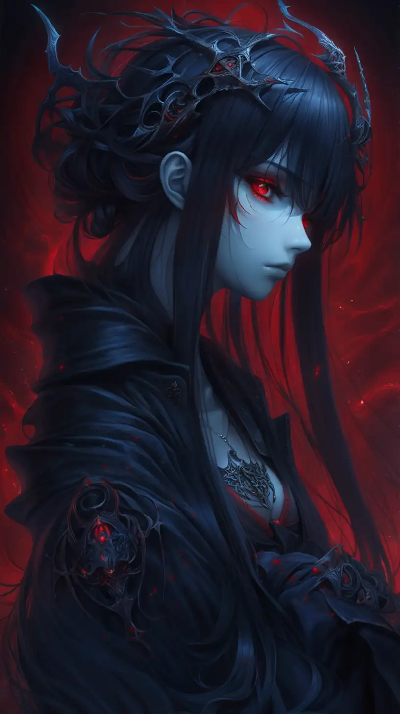/imagine a woman symbolizing Dark manipulation, psychology, Dark, Red, Anime, blue