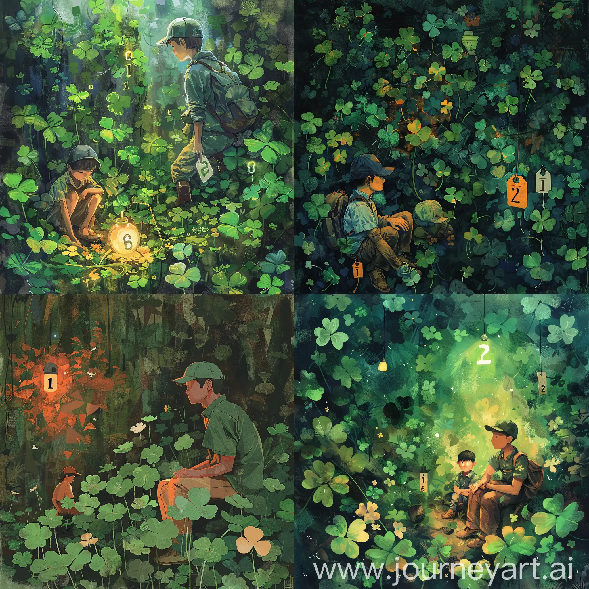 Fantastic exploration world , japan man 1 exploer on cap, boy 2, hunting, forest, clover flowers jungle fields, clover flowers kingdom, ((clover flowers lamp light on numbers tag)), looking sitting on the side round clovers, humor, and sense of adventure of the characters on a quest in a vibrant and colorful fantasy setting. illustration, acrylic, abstract shapes, grained texture, procreate, watercolor, illustrator, hand drawn, grained, textured