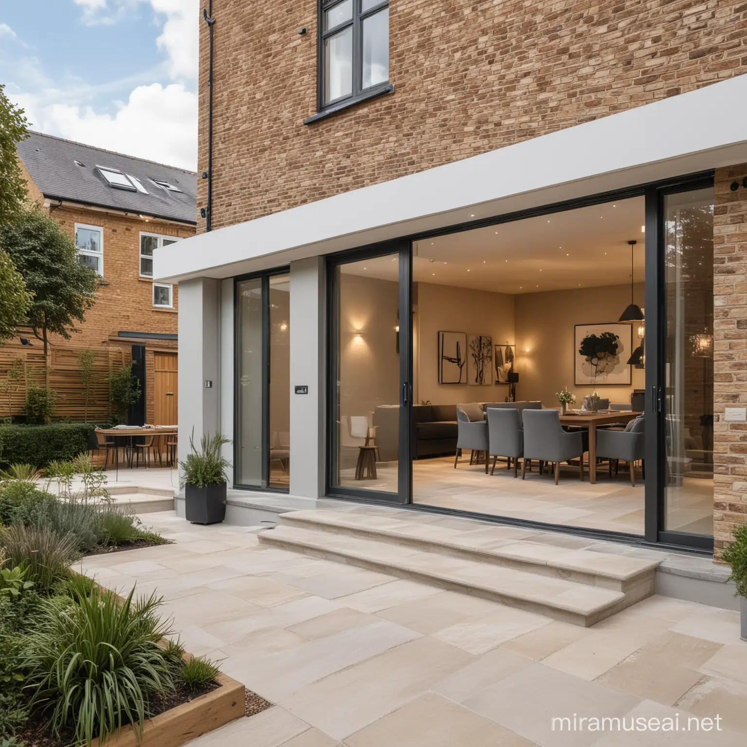 Create a visual of an exterior showcasing sophisticated building renovations in the uk, Include modern fixtures, elegant furnishings, and tasteful decor in the interior shot, Ensure the lighting is soft and inviting, creating a warm ambiance in the interior shot