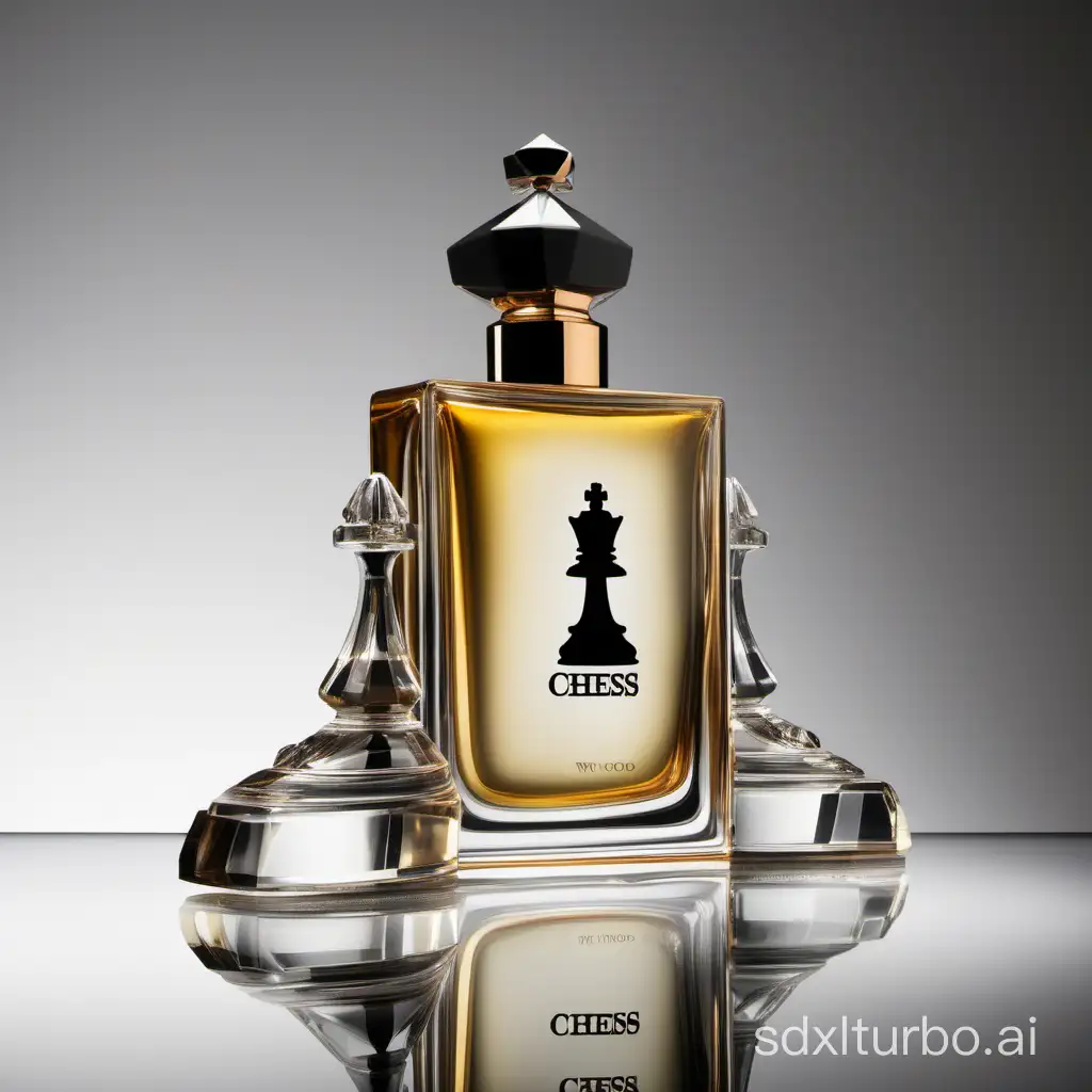 Chess-themed perfume, positioned as high-end, king wood fragrance, made of crystal or ceramic materials.