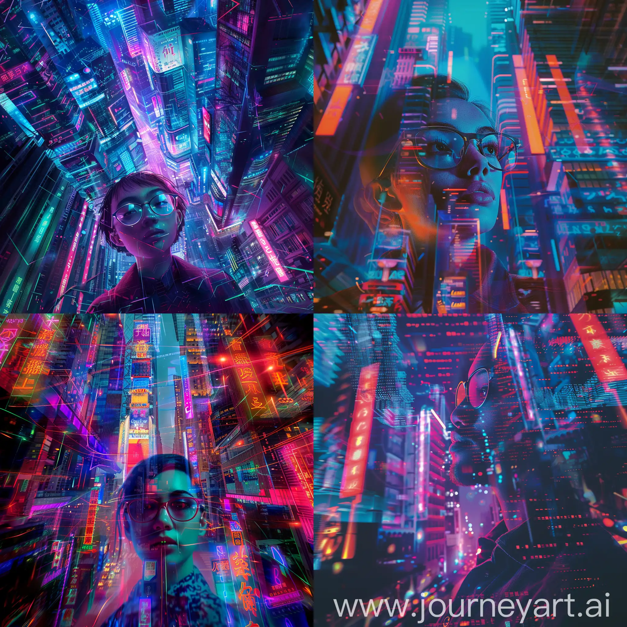 Amidst a vibrant cityscape bathed in neon lights, a lone individual wears glasses, their surroundings pulsating with chromatic energy, casting intricate shadows against the futuristic architecture, blending the boundaries between reality and the digital realm, Photography, using a wide-angle lens to capture the dynamic urban landscape, couple listen Music
