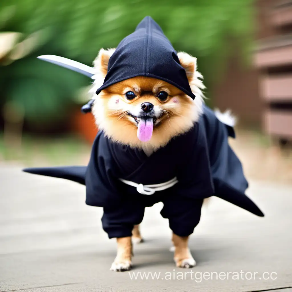 pomeraniam dog wearing a ninja costume