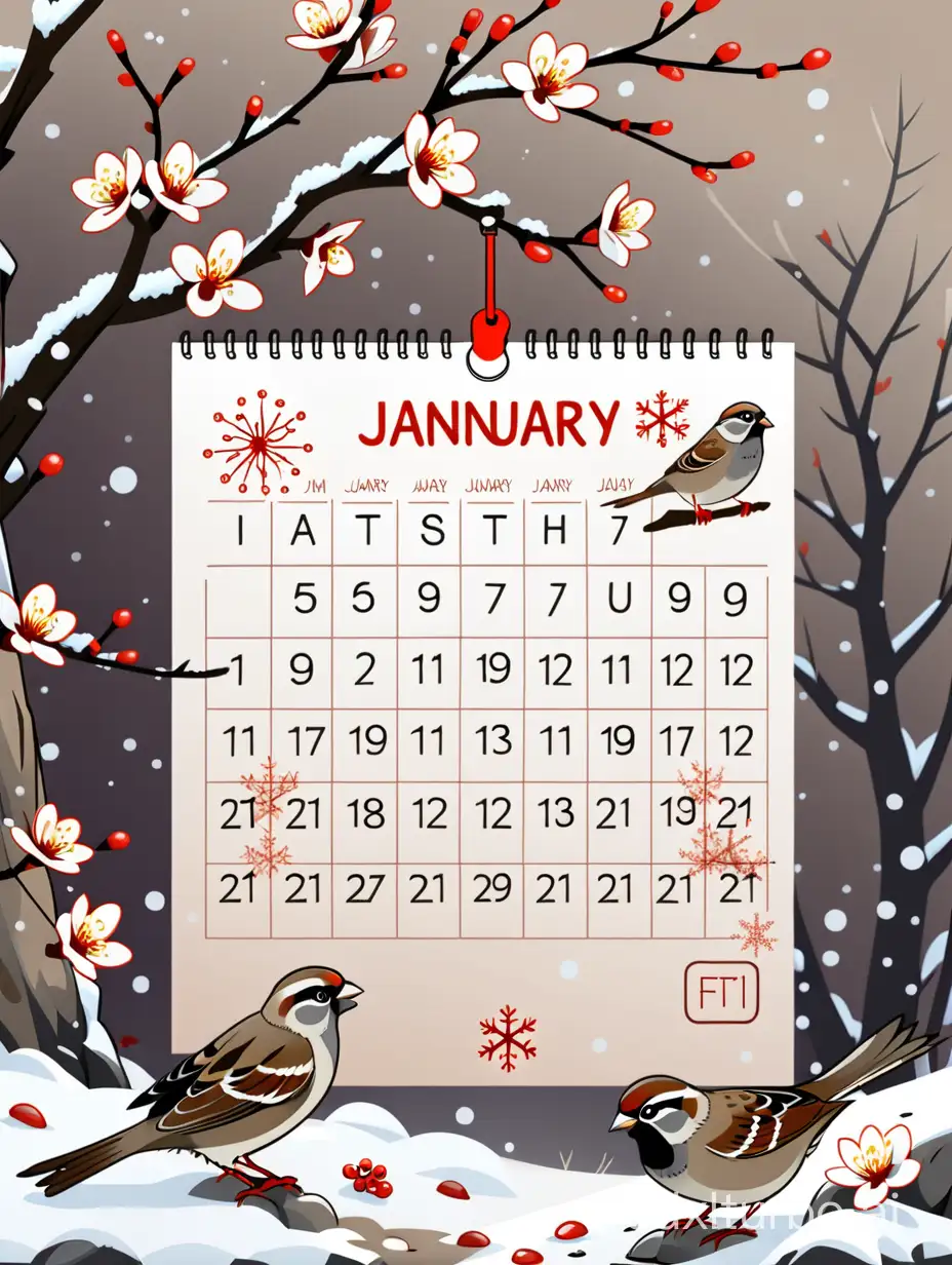 Draw a picture of a calendar for January, a snowy day, plum blossoms, sparrows pecking on the ground, font with snowflakes