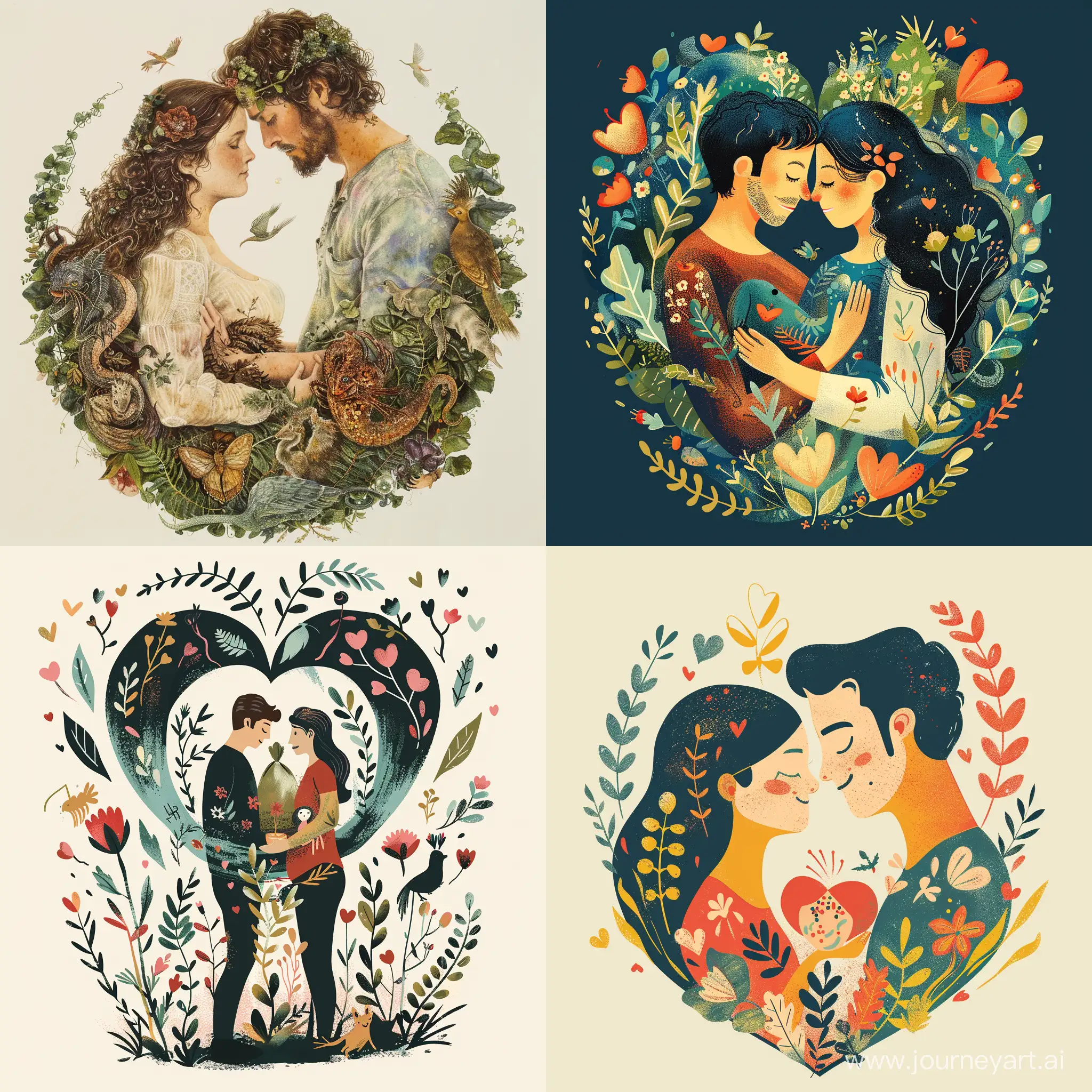 Love Theme Concept: A man and woman share their love for each other and give birth to many living things.