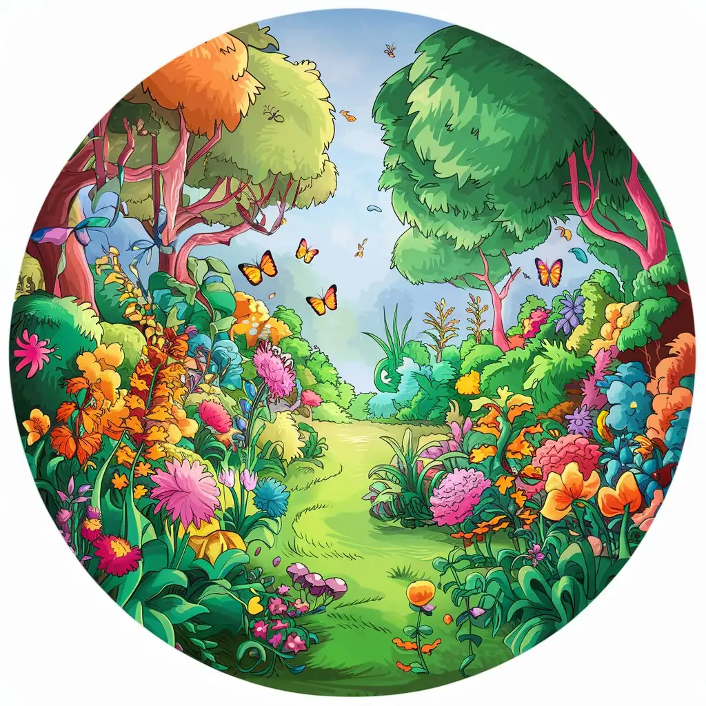 cartoon of a beautiful garden full of plants and trees and butterflies, on a circle-shaped canvas background