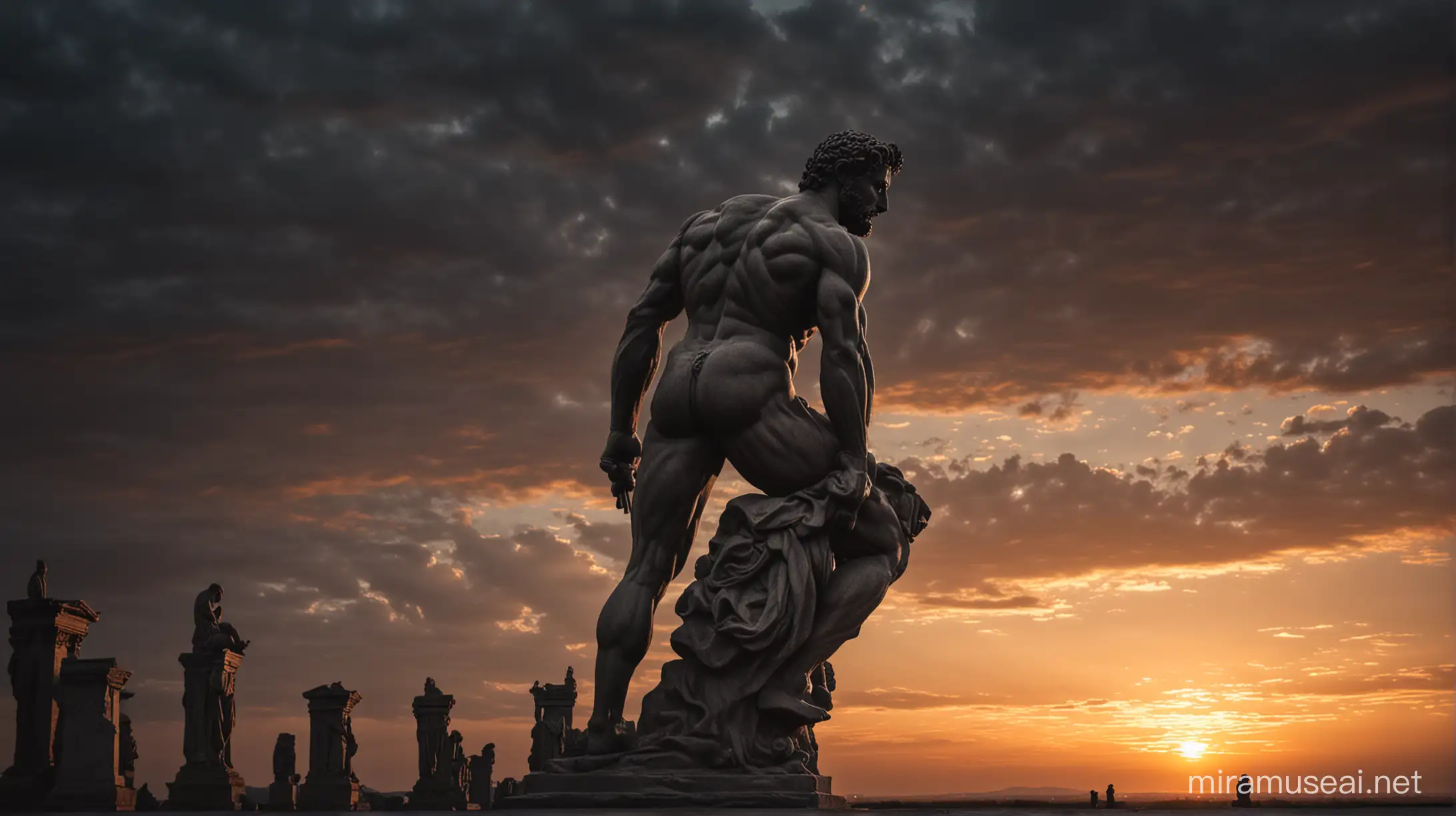 Stoicism, Motivation, stoic muscular statues outside , dark sunset, stoic background horizontal.