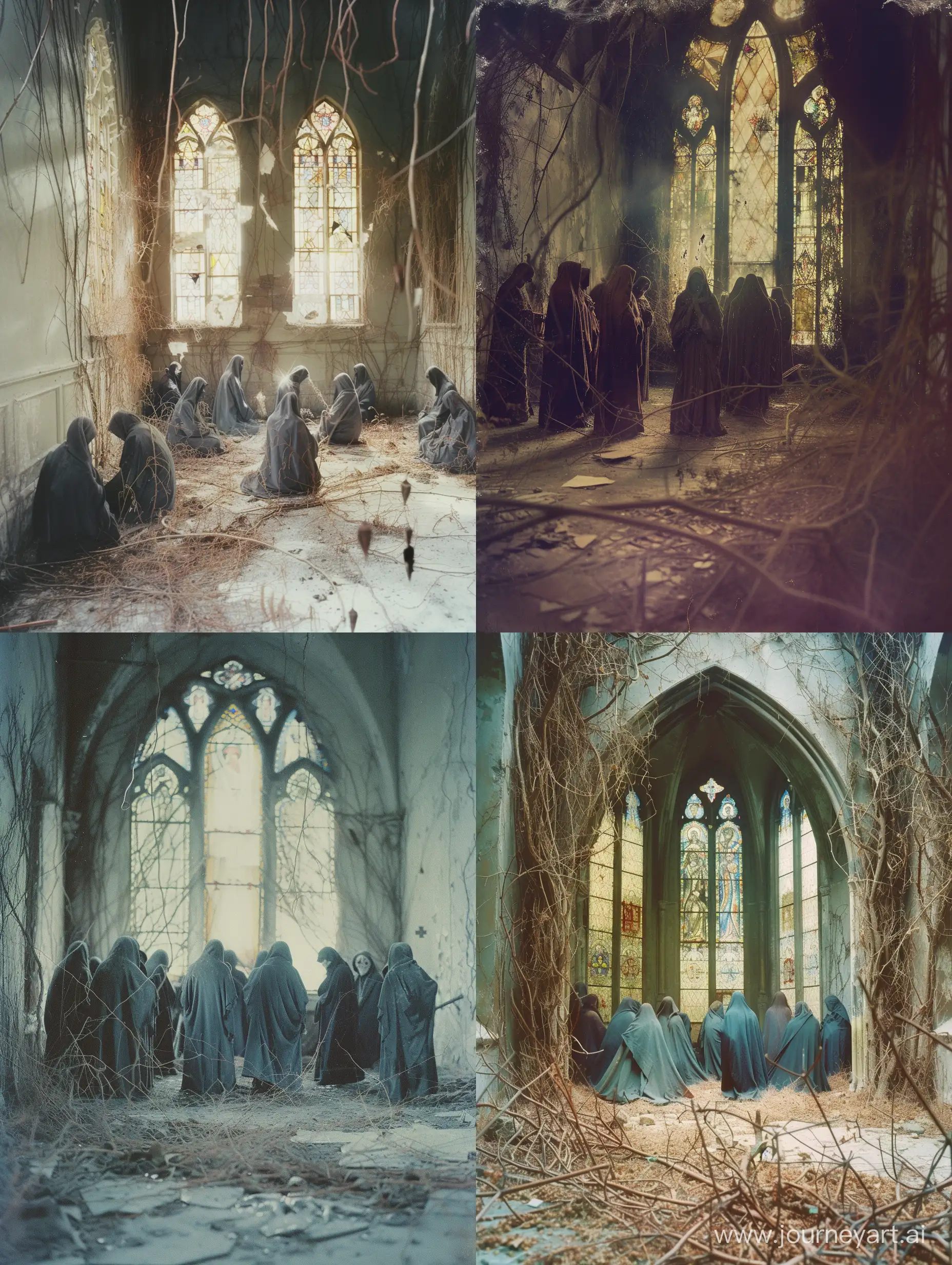 A color photo of an abandoned church, its stained glass windows shattered and overgrown with thorny vines. Within the dilapidated walls, a congregation of shadowy figures clad in tattered robes engage in a twisted ritual, their voices blending with the howling wind. The air crackles with a malevolent energy, revealing glimpses of occult symbols scattered across the floor. Secret keywords: "Veiled Sanctuary," "Cursed Congregation," "Rites of Darkness.” Folk horror, dark folk, occult core, expired 35mm film

