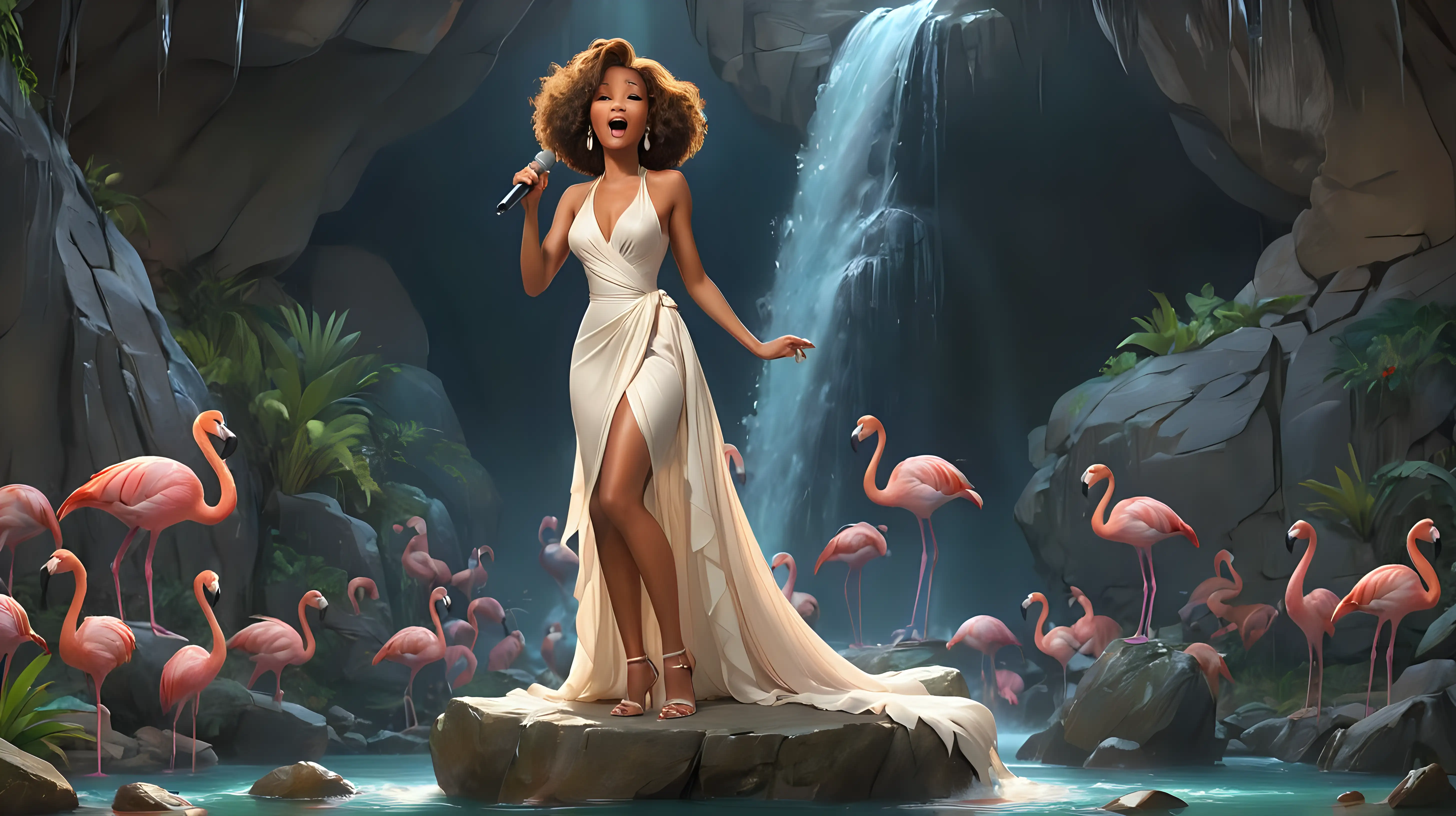 Whitney Houston Singing on Rock with Flamingos and Waterfall Background