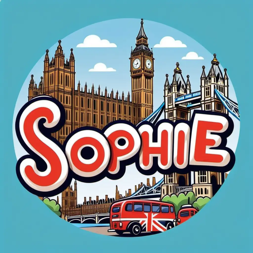 A happy tourist logo of London. The text should say "Sophie". (Cartoon style)