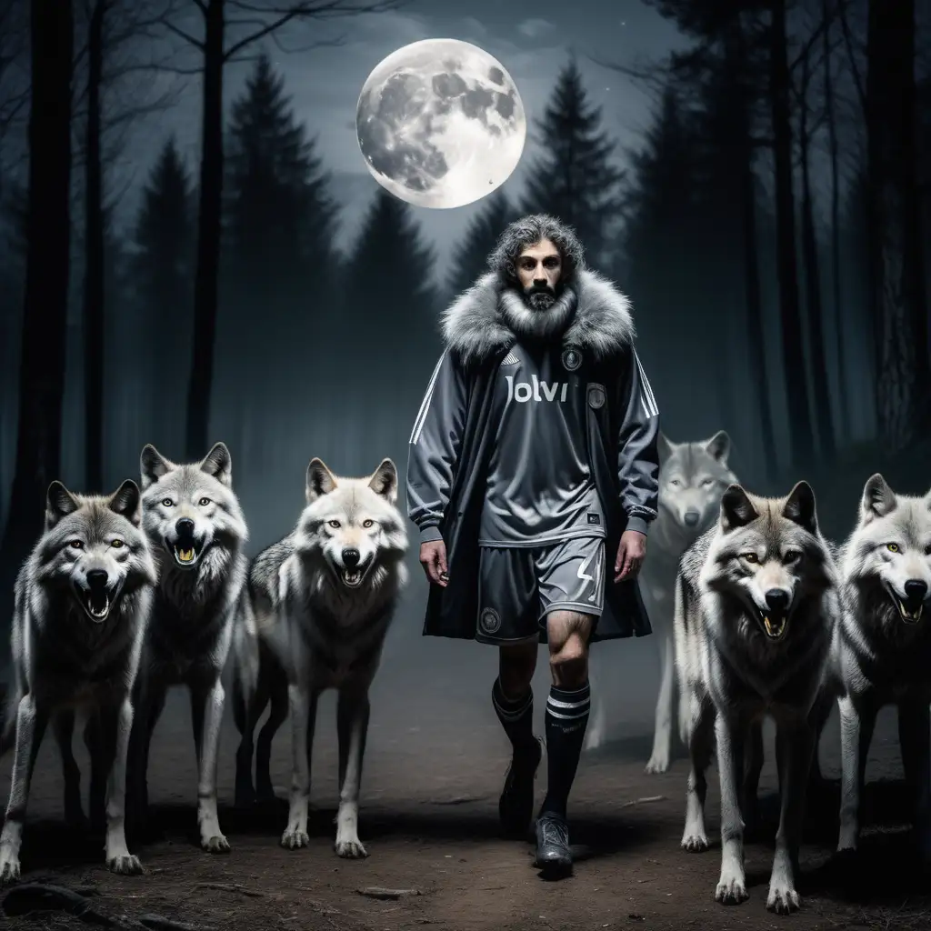 gray fur lycantrope, soccer kit, surrounded by pack of gray wolves, ghostly wolves, Italy, woods, night, full moon