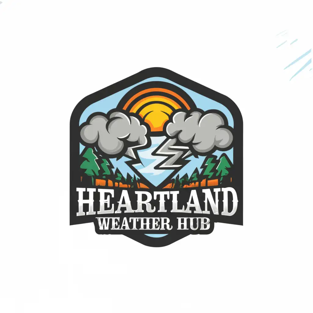 a logo design,with the text "Heartland Weather Hub", main symbol:Country scene with a thunderstorm on one side and sun and clouds on the other,complex,be used in Entertainment industry,clear background