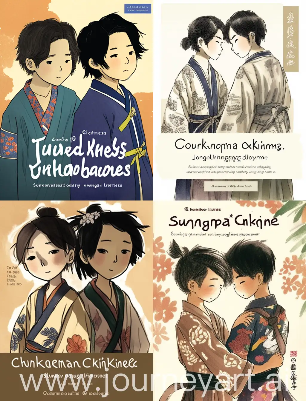 Two 15-year-old Japanese boyfriends dressed in old kimonos, Japanese style, with their arms affectionately around each other. Dark hair, Japan has a rich tradition of storytelling and whimsy. Create a collaborative story that incorporates elements of these artistic styles: the turbulent past and tenacious spirit of the Japanese people, children's preschool drawings, pencil scribbles, the pure, free touch of hand-drawing, and the hazy, rustic backdrops of rural Japan.