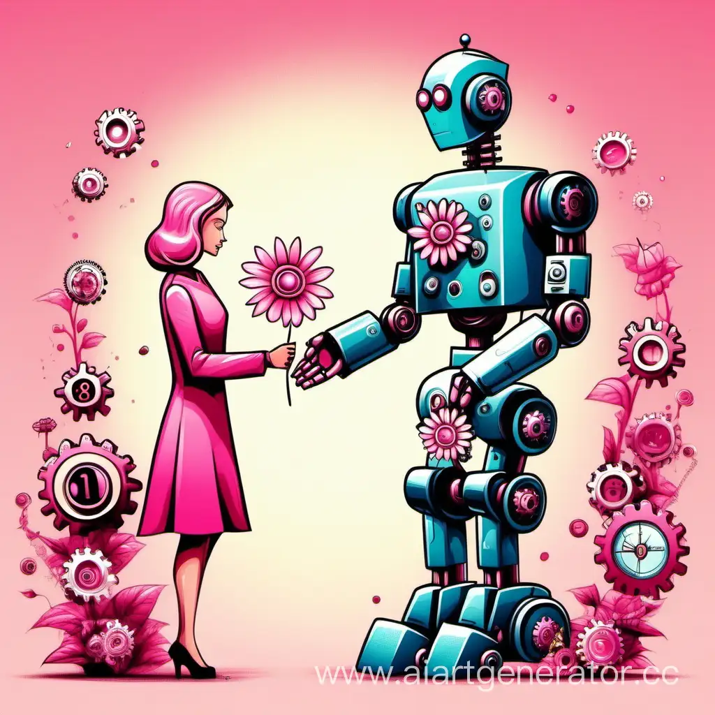 Male-Chemist-Presents-Flowers-to-Pink-Woman-Robot-in-Spring-Setting