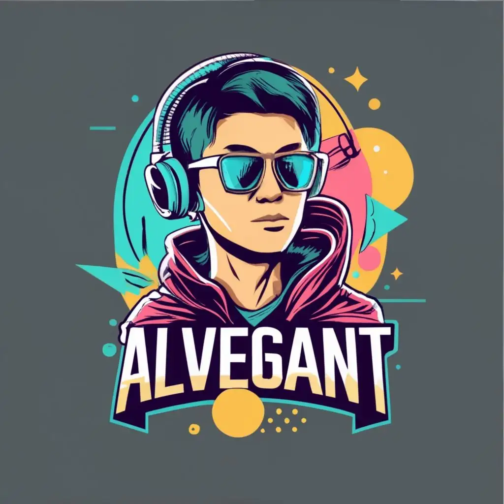 logo, Asian man gamer, with the text "Alvegant", typography, be used in Entertainment industry