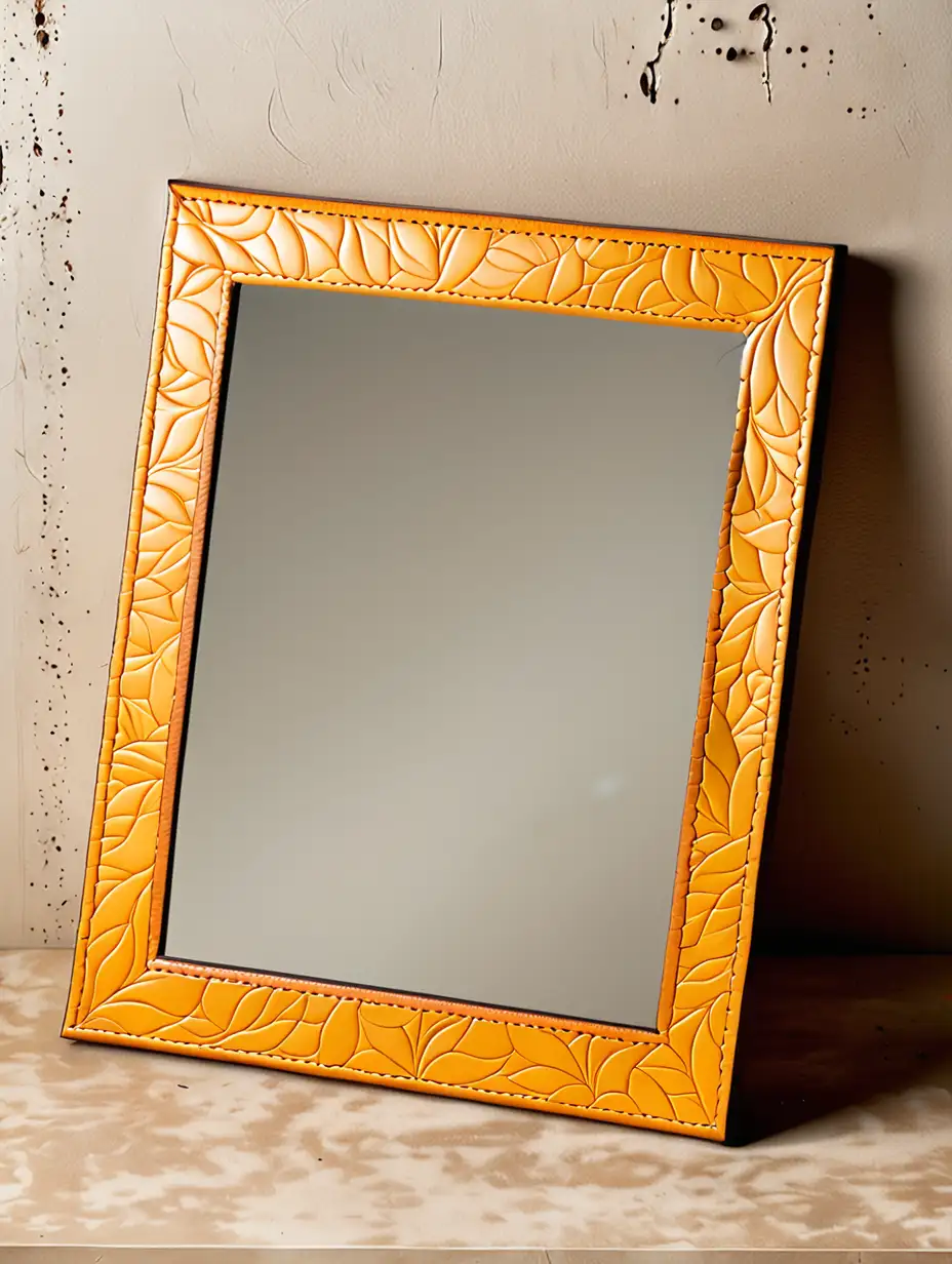 A 4" x 6" mirror is framed by a smooth, flat, 1" strip of leather in sunflower colors which has been delicately embossed.