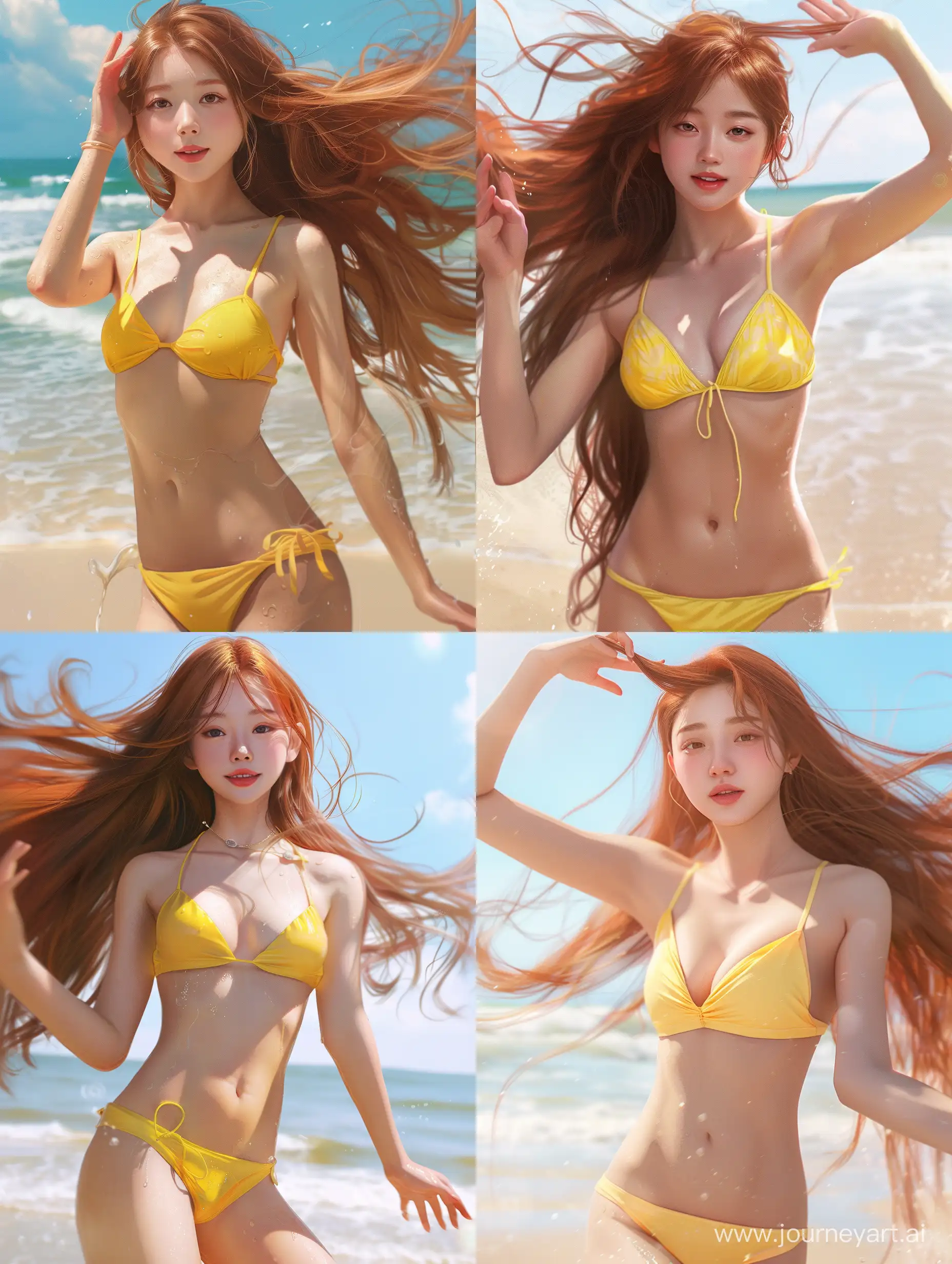 realistic, detailed, 1 Asian girl,  wearing yellow bikini, long reddish brown hair, flying randomly, hair detail, hand raised to hair, standing on sunny beach