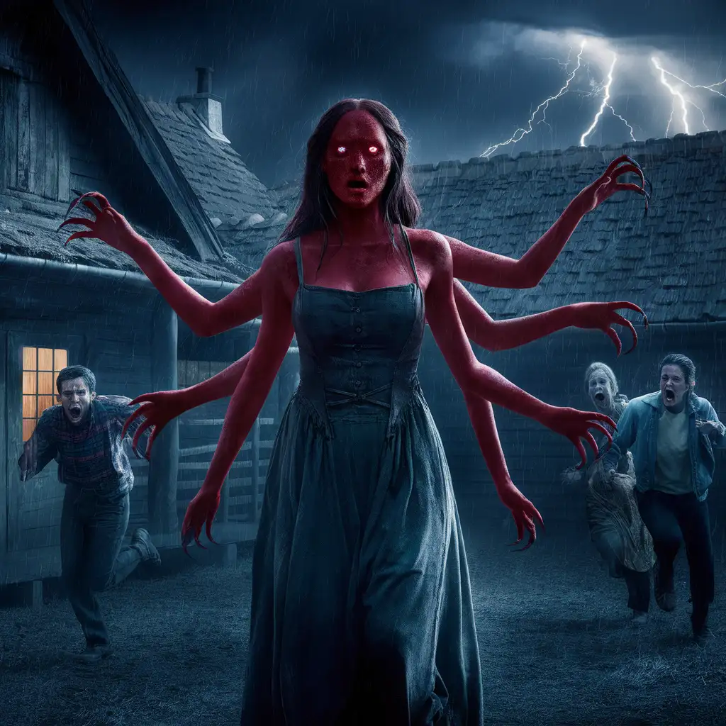 RedSkinned Woman with Six Arms in Rural Cottage Backyard Amidst Terrified People During Thunderstorm