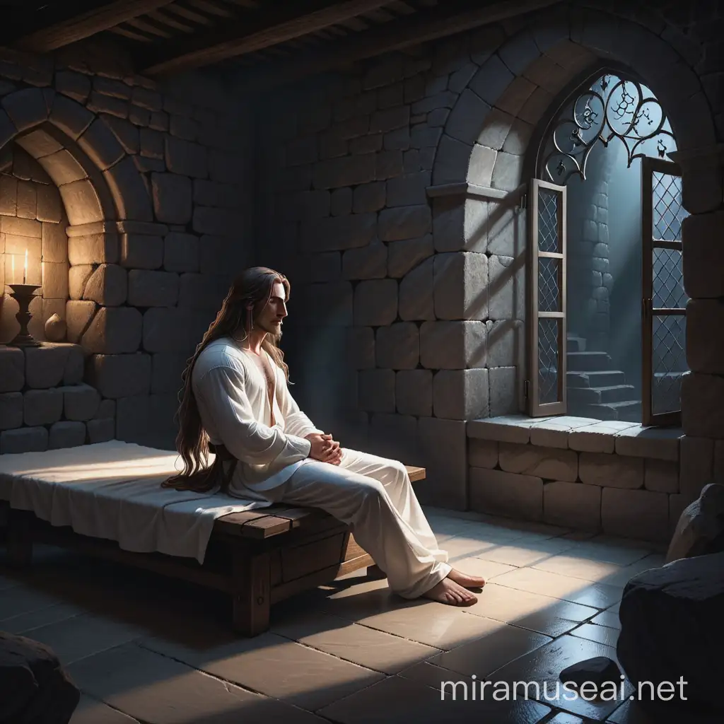 мужчина с длинными волосами, одет в длинную белую рубашку, сидит на койке в каменной комнате без окон, темнота, детальная прорисовка, фэнтези-арт, искусство, концепт-арт, ренессанс, детальное.