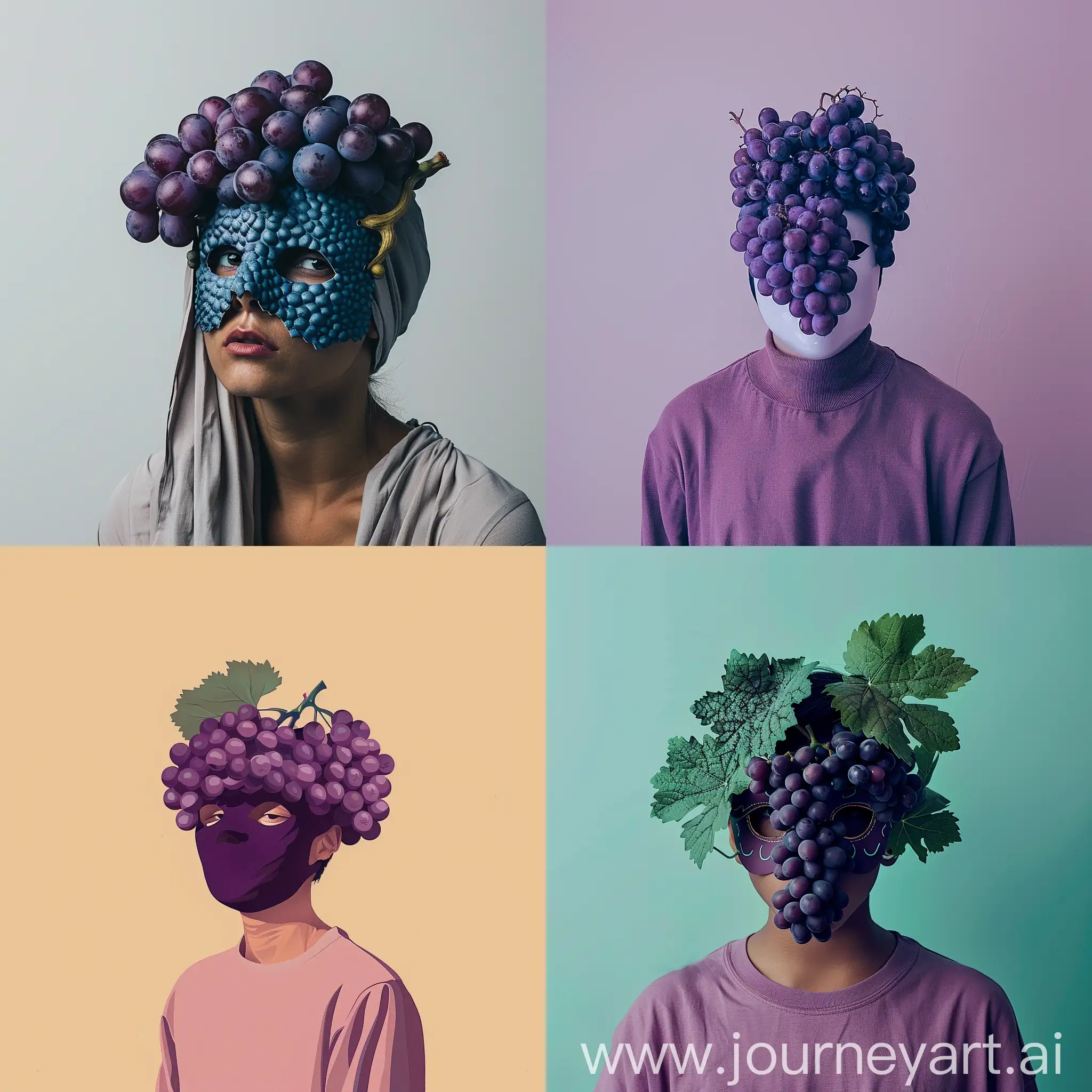 e person with a grape mask flat background minimalistic realistic