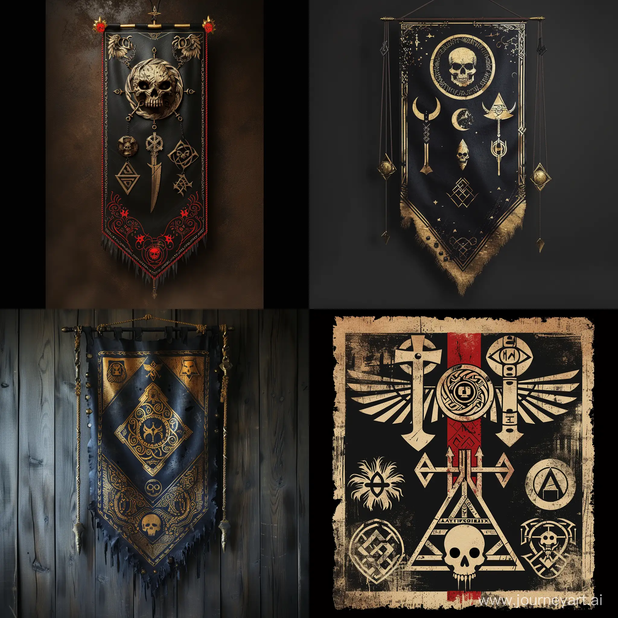 make a divine banner with symbols of death in the style of Valhalla