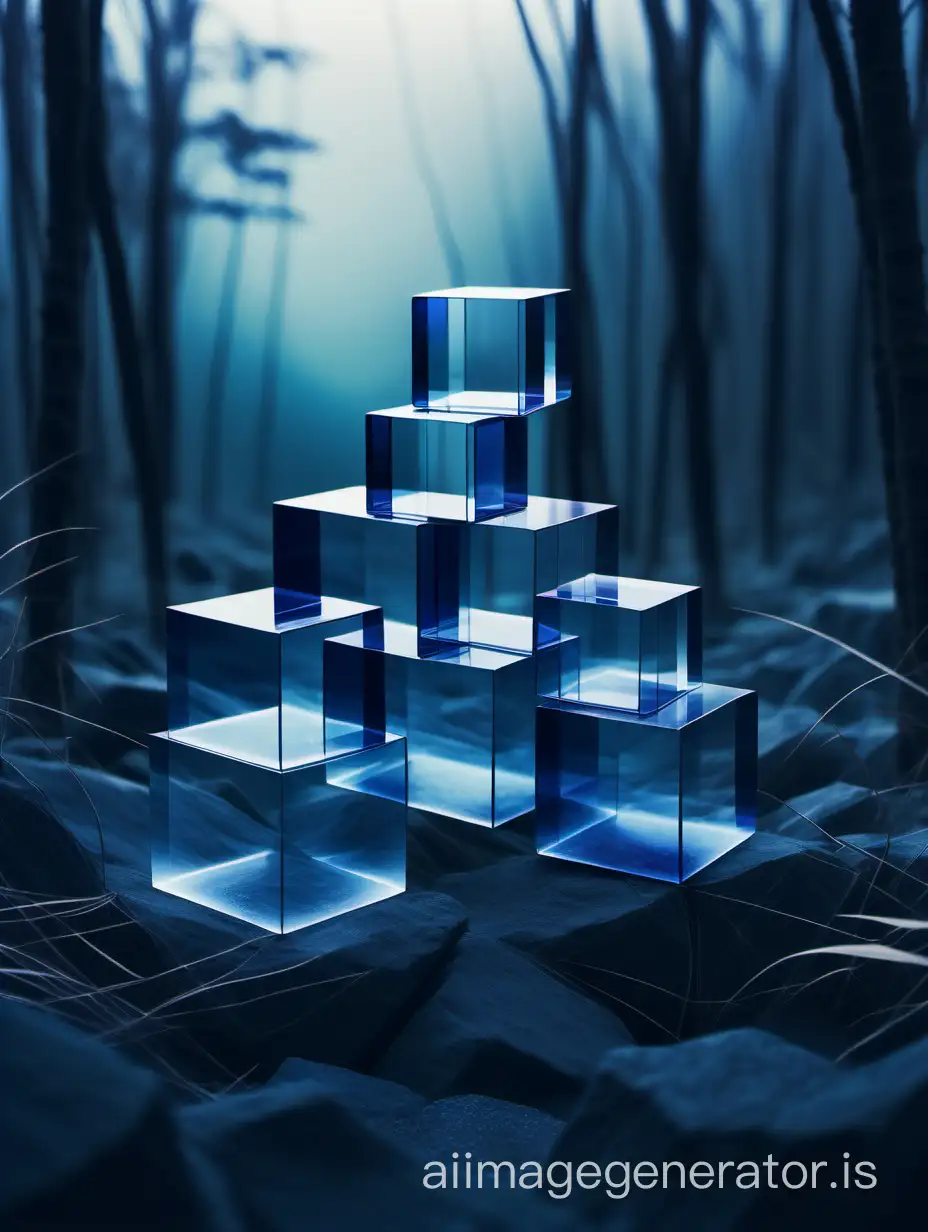 transparent cubes with soft edges stacked in an anonymous nature landscape in indigo colours and tones.
