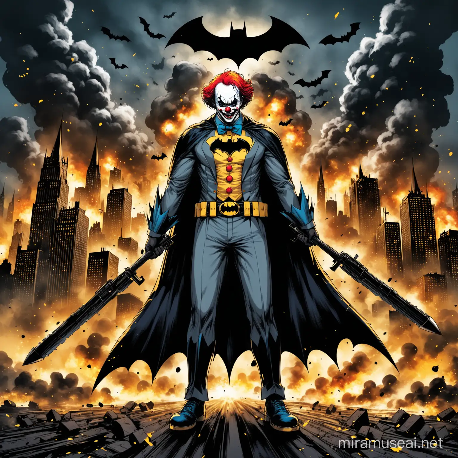 Clown (batman)
appreannce- noir grey blue yellow suit/ full body/ clown with batman attire/ clown symbol on chest/ clown weapons on belt/ black cape/
background- villians/city/ noir grey and baige /explosions