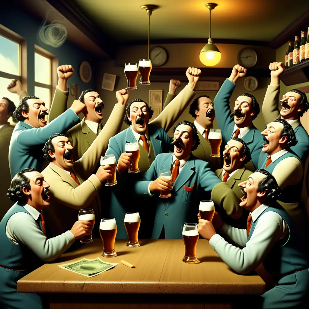 Dali style surrealistic image of the workers union members celebrating a succesfull strike in a pub.