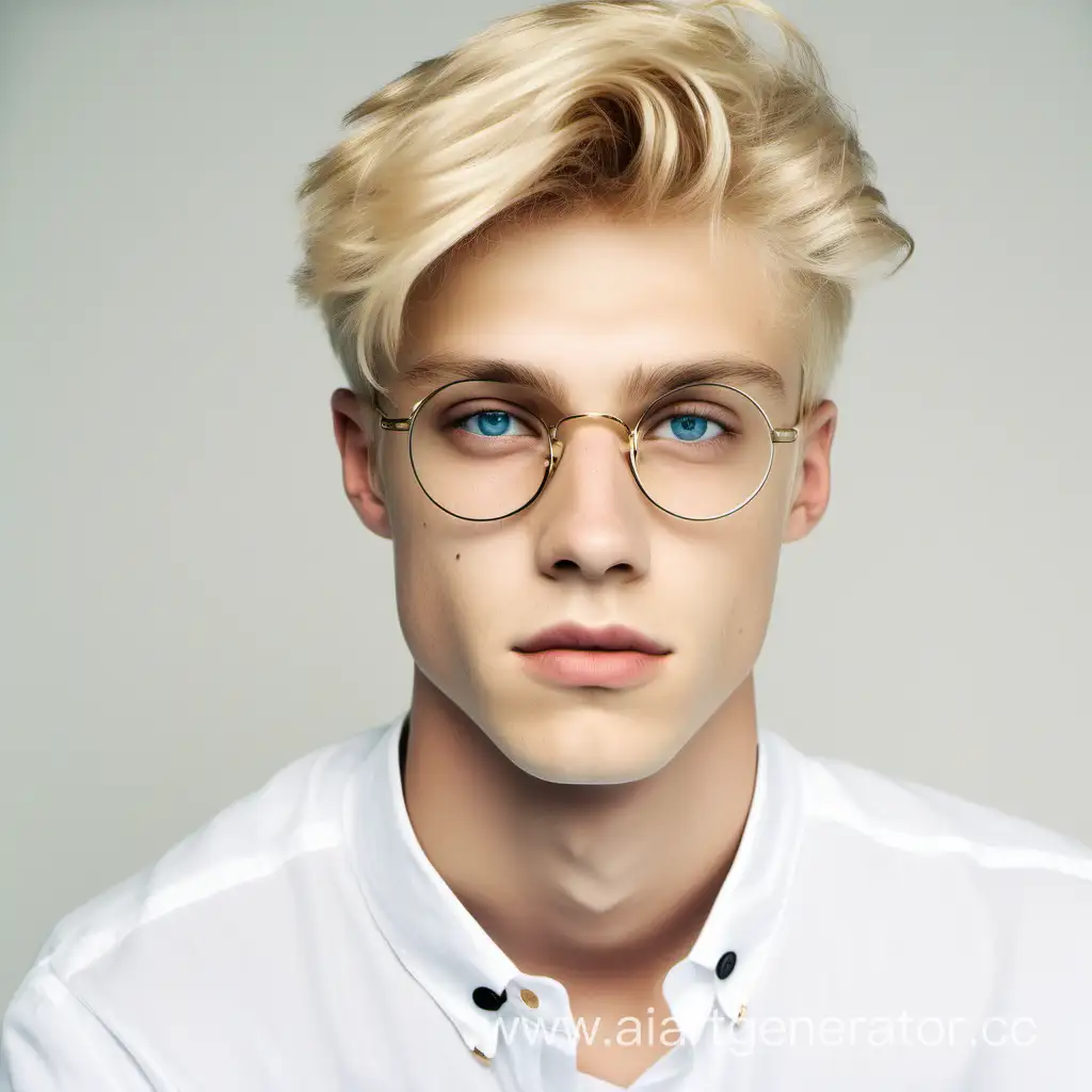 A blond man with blue eyes, about seventeen years old, wearing round glasses with gold frames, wearing a white shirt and black skinny jeans.