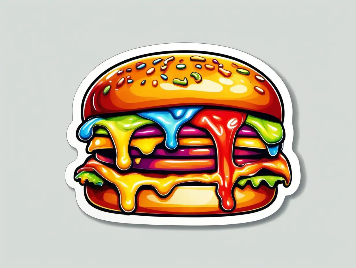 a melting cheeseburger with vibrant multi-color in the shape of a sticker, cartoon, white background