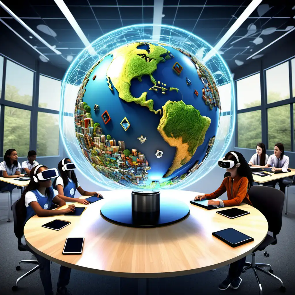 Generate an image that portrays a futuristic learning environment where students engage in personalized, collaborative, and technology-enhanced learning. Capture the integration of virtual reality, artificial intelligence, and global connectivity. Showcase diverse groups of students working together, emphasizing the development of both academic knowledge and essential soft skills. Include elements symbolizing lifelong learning, environmental sustainability, and equitable access to education. Depict a scene that reflects the dynamic and inclusive nature of the future educational landscape.