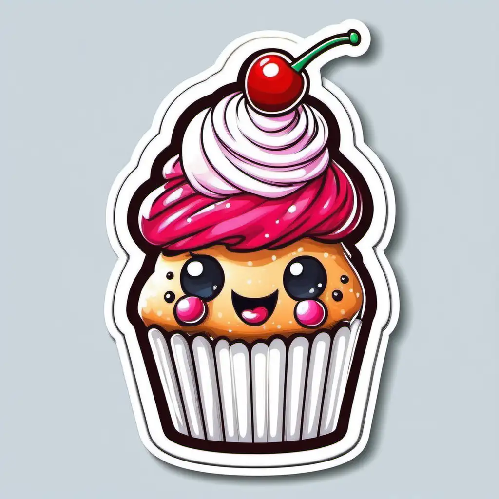 Whimsical Cherry Hat Cupcake Sticker Playful Food Illustration in Mixed Styles
