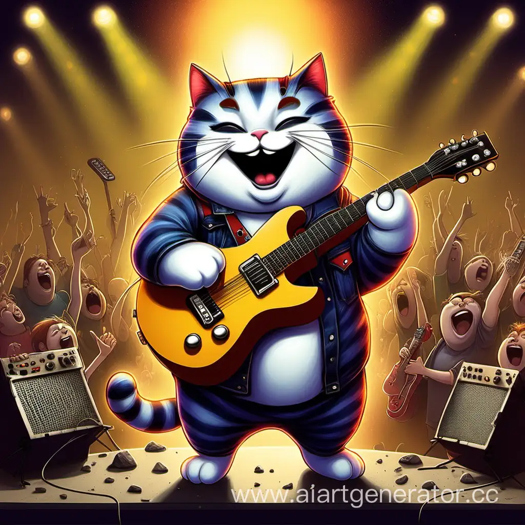 толстый радостный котик на рок концерте играет на гитаре