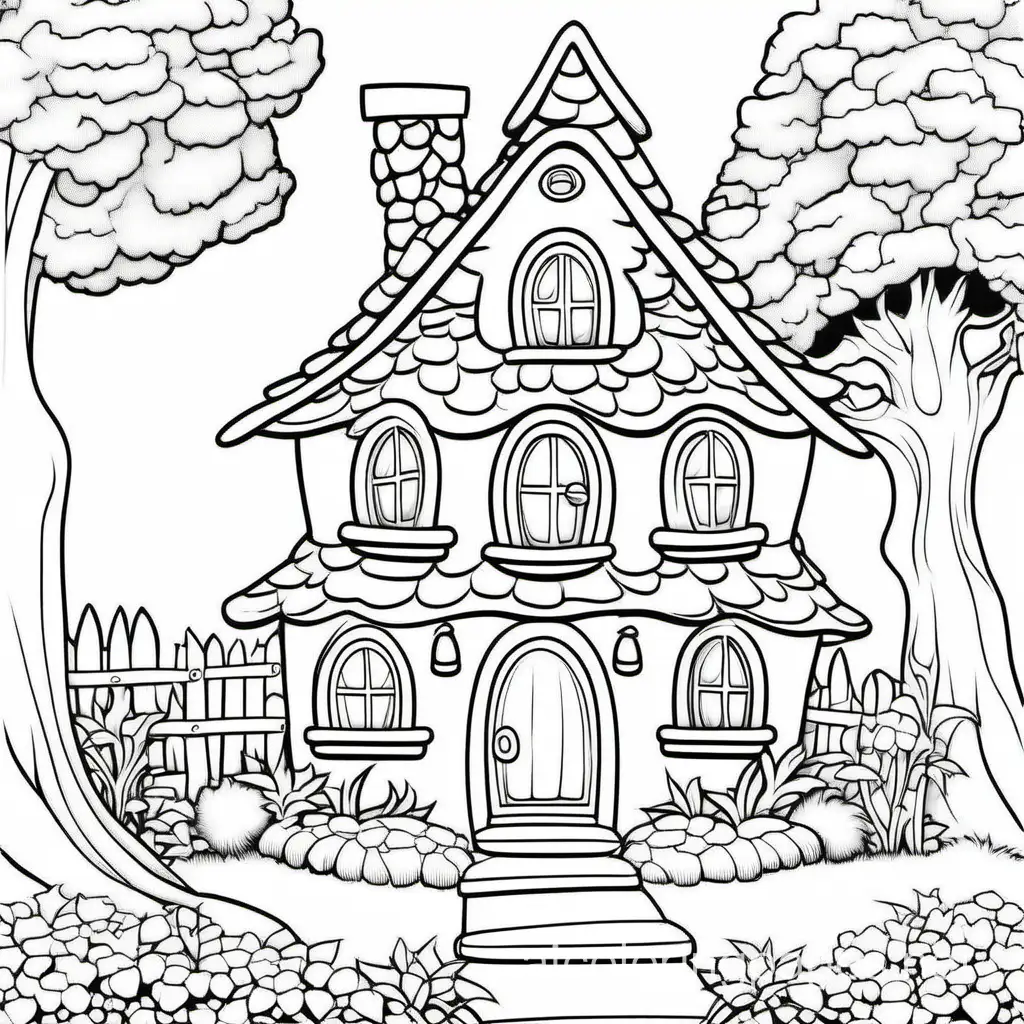 fairy cottage, Coloring Page, black and white, line art, white background, Simplicity, Ample White Space. The background of the coloring page is plain white to make it easy for young children to color within the lines. The outlines of all the subjects are easy to distinguish, making it simple for kids to color without too much difficulty